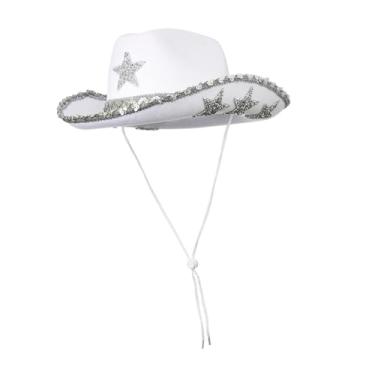 Imagem de kowaku Chapéu de cowboy ocidental, chapéu de festa com alça de queixo, aba larga, chapéu de cowgirl, chapéu superior de jazz para férias, capina, viagens, branco
