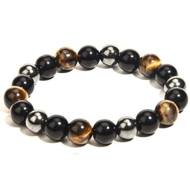 Imagem de Pulseiras de ioga com contas de olho de tigre e hematita de obsidiana preta natural da NA para homens e mulheres joias de corda elástica 10 mm