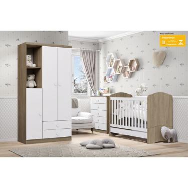 Imagem de Quarto de Bebê Completo Berço Mini Cama Guarda Roupa 3 Portas 2 Gavetas e Cômoda 5 Gavetas Bala de Menta Henn - Rustico com Branco