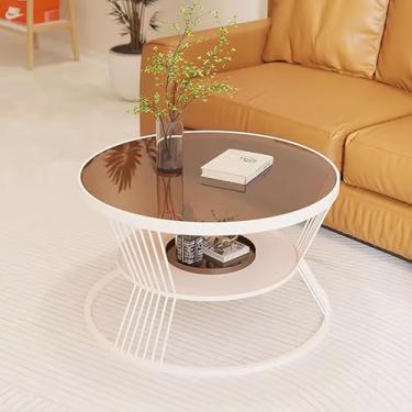 Imagem de Mesa de centro moderna com moldura de metal, linda mesa de centro redonda de vidro com prateleiras para espaços pequenos, mesas de coquetel para sala de estar