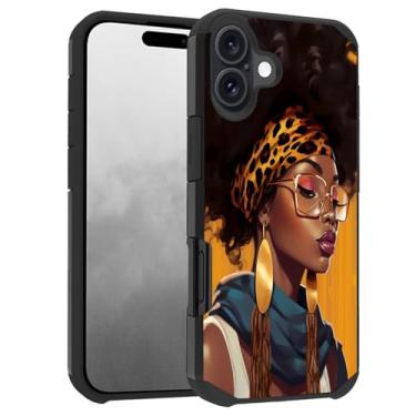 Imagem de BWOOLL Projetada para iPhone 16, capa de telefone híbrida rígida de policarbonato e silicone macio com proteção dupla à prova de choque para iPhone 16 (2024) 6,1 polegadas, mulheres afro-americanas