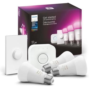 Imagem de Philips Hue Kit inicial de luz inteligente - Inclui (1) ponte, (1) botão inteligente e (3) lâmpadas LED A19 inteligentes de 75 W - Ambiente branco e colorido - 1100LM - E26 - Controle com aplicativo