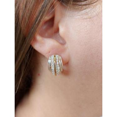 Imagem de Brinco Meia Argola Prata De Lei 925 Com Apliques Em Ouro 14 K E Zircôn