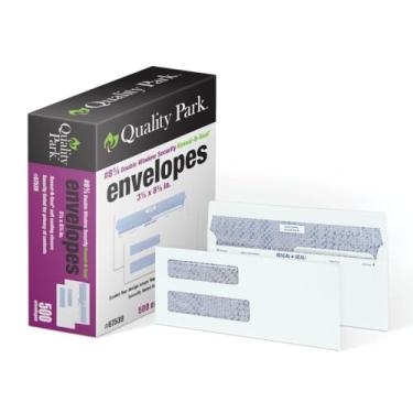Imagem de Quality Park Envelopes de segurança de janela dupla #8 5/8, autovedação, inviolável, para cheques, folha de pagamento, tecido branco de 11 kg, 9 x 21 cm, 500/caixa (QUA67539)