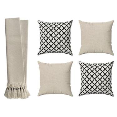 Imagem de Kit Manta Para Sofá Cama Bege 2,20m + 4 Capas De Almofada Geométricas 