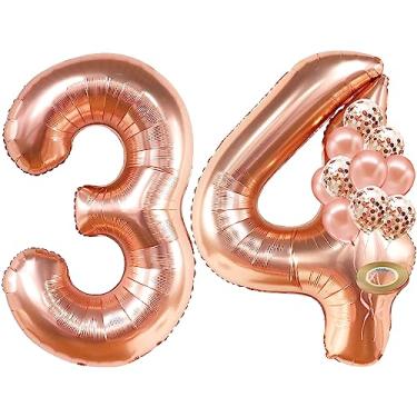 Imagem de Balão número 34 para decorações de aniversário de 34 anos – ouro rosa, grande, 101,6 cm, pacote com 12 | Balões de confetes de ouro rosa | Balão de ouro rosa com 34 números para artigos de festa de 34 anos, feminino ou masculino