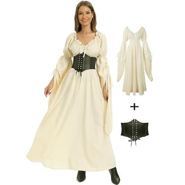 Imagem de VNVNE Vestido feminino de bruxa renascentista de Halloween, fantasia vitoriana vintage medieval pirata camponesa gótica cosplay, Damasco, GG