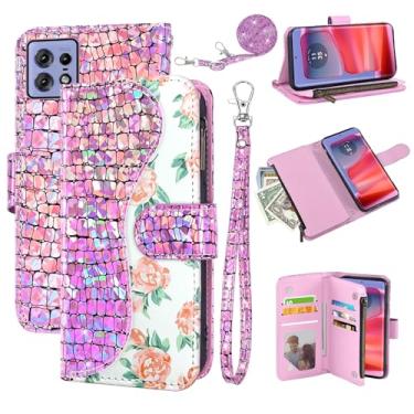 Imagem de Dibosom Capa carteira floral para Moto Edge 50 pro 5G com alça de pulso alça de ombro flip zíper bolsa porta-cartão, suporte de couro PU de luxo com glitter Bling capa de celular para Moto Edge 50 pro
