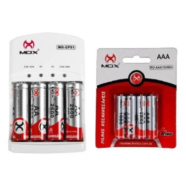 Imagem de Kit Carregador de Pilhas e Bateria 9v Mox Automático Mais 8 Pilhas AA/