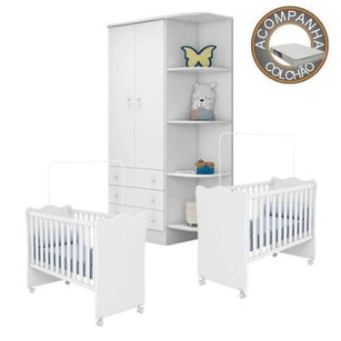 Imagem de Quarto de Bebê Gemeos Berço c/Rod Colchão Light e Guarda Roupa Doce So