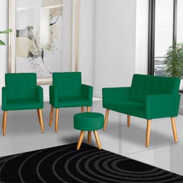 Imagem de Kit Poltrona para Sala de Espera Recepção Namoradeira 2 Poltronas Decorativas e Puff (Verde)