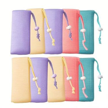 Imagem de 10 pacotes de saco de sabão de malha esfoliante, bolsa de proteção de malha, rede de espuma de bolha, bolso com cordão, bolsa de sabão para chuveiro, corpo, ferramenta de limpeza facial, cor aleatória