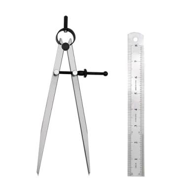 Imagem de DemJamr Conjunto profissional de bússola de metal, bússola de couro ajustável de 20 cm e régua de aço de 20 cm, ferramenta de bússola de desenho para trabalho em couro, marcenaria, metalurgia e