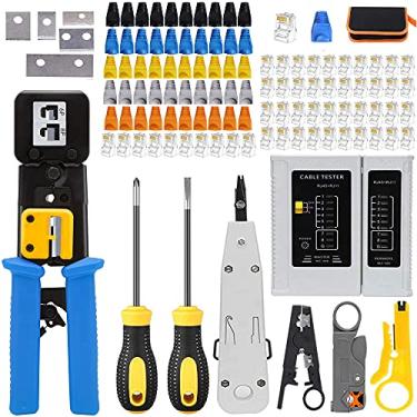 Imagem de LEATBUY Kit de ferramentas de crimpagem para RJ45/RJ11/RJ12/CAT5/CAT6/Cat5e, cortador profissional de decapador, conector de fio desencapador, manutenção de computador Lan, alicates e testador (azul)