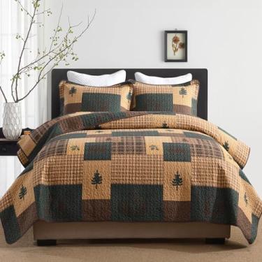 Imagem de SahSahCasa Conjunto de colcha 100% algodão, tamanho Queen, conjunto de colcha de cabana rústica reversível de fazenda, edredom leve para cama queen, 3 peças, verde escuro/marrom escuro