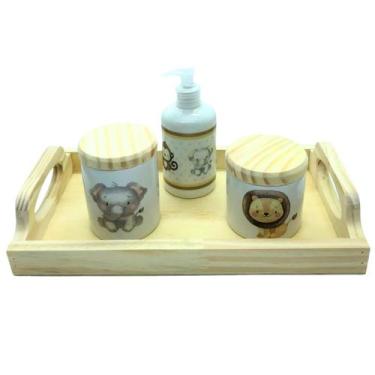 Imagem de Kit higiene bebê Safari 4 peças - Bandeja, potes, porta álcool - Peças