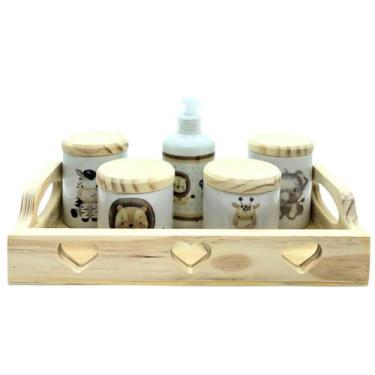 Imagem de Kit higiene bebê Safari 6 peças - Bandeja, potes, porta álcool - Peças