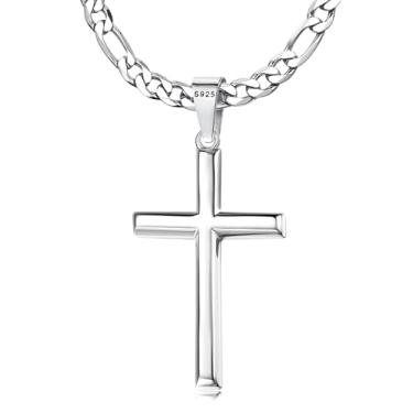 Imagem de MILACOLATO Colar masculino com cruz de prata esterlina 925 – Pingente de cruz de borda chanfrada com corrente de elos fígaro de aço inoxidável 316L de 5 mm, crucifixo, joia de prata para homens e