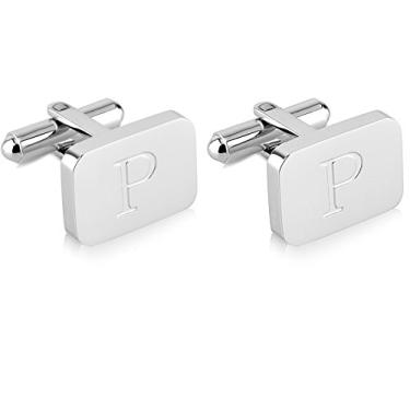 Imagem de Abotoaduras masculinas de aço inoxidável gravadas com inicial em ouro branco 18K - Letra personalizada A-Z da Lux & Pair