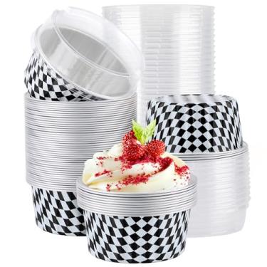 Imagem de EUSOAR Copos de cozimento de folha de alumínio com tampas, 50 peças de 142 g Creme Brulee Ramekins recipientes descartáveis para pão de pão, forros de cupcake, mini formas de alumínio, porção