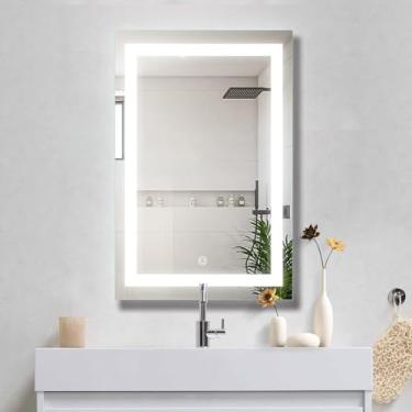 Imagem de Espelho Led 3 cores 50x90 cm retangular jateado frontal lapidado iluminado touch screen blogueira quarto sala banheiro 50x90cm