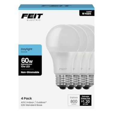 Imagem de Feit Electric Lâmpadas LED A19, equivalente a 60 W, não regulável, 800 lúmens, base padrão E26, luz do dia 5000k, 80 CRI, vida útil de 10 anos, eficiência energética, pacote com 4, A800/850/10KLED/4