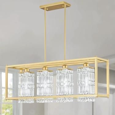 Imagem de BBLLWJ Lustres De Cristal Modernos, Lustre Retangular Para Sala De Jantar, Luminária Pendente Dourada De 35,43 Pol. Para Sala De Jantar, Ilha De Cozinha, Sala De Estar