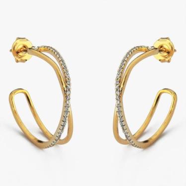 Imagem de Brinco Argola Com Fio Cravejado Zircônias Banhado Ouro - Atraktiva Jói
