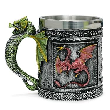 Imagem de LAUGOKOBE Caneca de dragão rugindo medieval, caneca de bebida de caneca de cerveja Dungeons and Dragons de 425 g, caneca de café inoxidável para colecionador GOT Dragon Lovers Novidade Ideal Presente