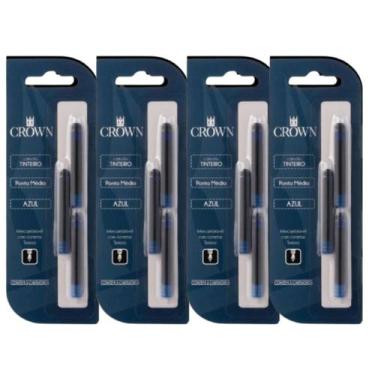 Imagem de Kit 4 Recargas Para Caneta Crown Tinteiro Com 3 Refil Ca32005 Azul Pre