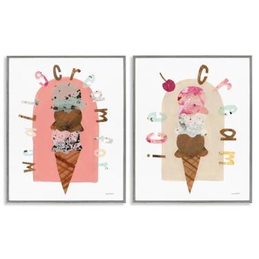 Imagem de Stupell Industries Conjunto de arte de parede giclée emoldurado cinza 2 peças de sorvete pastéis brilhantes por Haley Knighten, 40,6 x 50,8 cm