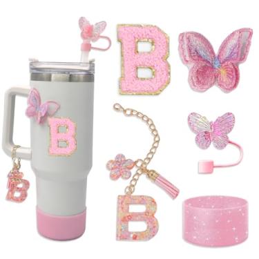 Imagem de Conjunto de acessórios Stanley Cup para Tumbler Stanley, incluindo capa de canudo de borboleta de 10 mm, pingentes de letras de copo, bota de silicone brilhante, adesivo de letras e adesivo bordado de