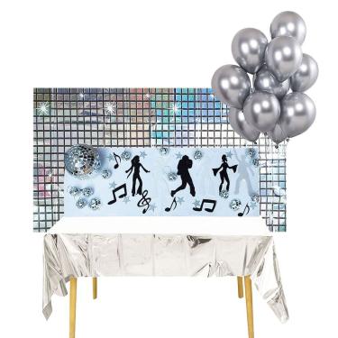Imagem de Kit Decoração Festa Disco Anos 80: Cortina Metalizada + Painel + Mini Globos + Balões + Enfeites = 47 Produtos Temáticos