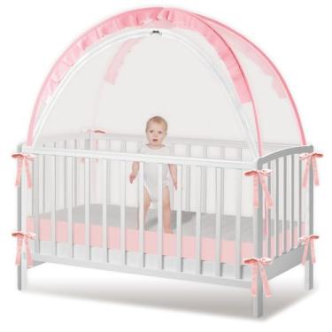 Imagem de Barraca para berço - rede para manter o bebê dentro - Impede que o bebê saia do berço, barraca pop-up com rede respirável durável com zíper duplo instalação de hastes fortes (rosa, grande)
