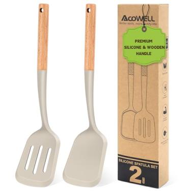 Imagem de Conjunto de 2 espátulas de silicone com elegante cabo de madeira, espátula sólida e ranhurada resistente ao calor para frigideiras antiaderentes, ótimas espátulas de cozinha, utensílios de cozinha