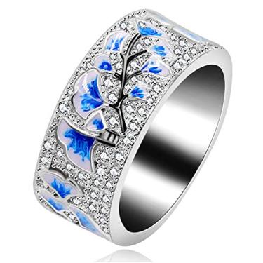 Imagem de Uloveido Anel de outono feminino folheado a platina azul com folha de ginkgo esmaltada e brilhante CZ Y538 Branco