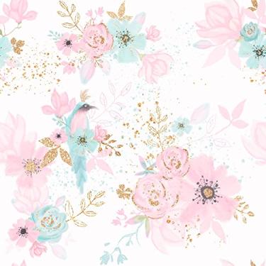 Imagem de Papel De Parede Adesivo Azul Infantil Rosa Passaros 12m