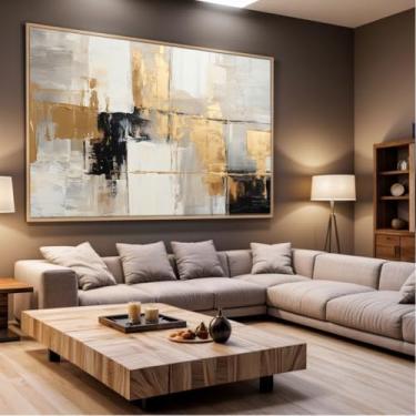 Imagem de Quadro Decorativo com Moldura Sala 130x90 Arte Abstrato Preto Cinza Dourado Textura Luxo Grande Horizontal