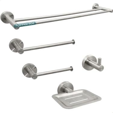 Imagem de Dona D Cor, Conjunto De Acessórios Banheiro 5 Peças Inox Escovado Luxo Porta Toalha Papeleira Gancho Saboneteira Toalheiro Duplo 60cm Suporte Parede Kit Lavabo