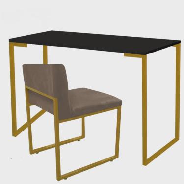 Imagem de Kit Mesa Escrivaninha Stan e Cadeira Lee Industrial Escritório Tampo Preto Dourado Suede Bege - Ahz Móveis