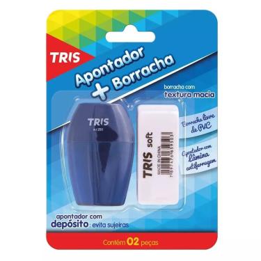 Imagem de Apontador com Depósito e Lâmina Antiferrugem + Borracha Soft Sem PVC Kit 2 Peças Escolar