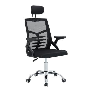 Imagem de Cadeira Ergonômica Athos Preta Conthey – Tela Mesh, Apoio de Cabeça, Braço Dobrável, Base Cromada, Altura Ajustável