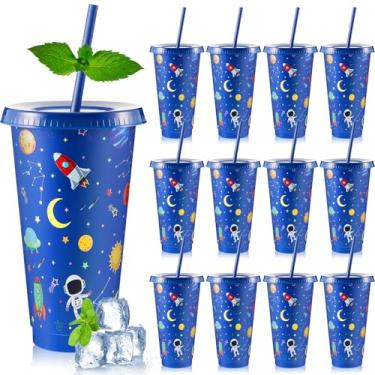 Imagem de Chuangdi 12 copos de plástico para festa espacial com tampa e canudo 680 g Copos de galáxia para festa de aniversário e chá de bebê