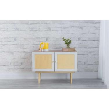 Imagem de Balcão Buffet Pés Palito Madeira Pequeno 2 Portas Mdf E Palhinha Estil