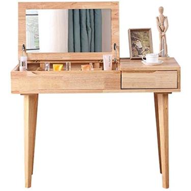 Imagem de Mesa de escrivaninha de maquiagem de quarto de madeira com gavetas, penteadeira com espelho flip, grande capacidade de armazenamento (cor: B-2 peças, tamanho: 60x45x (A mesa)