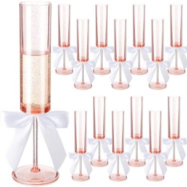 Imagem de Sliner Conjunto de 14 taças de champanhe de acrílico ouro rosa com purpurina com laços, taças de vinho de ouro rosa de 170 g, haste alta, taças de champanhe reutilizáveis para brinde de casamento