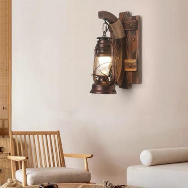 Imagem de Arandela de parede de design industrial vintage feita de metal preto e madeira natural lâmpada de parede interna com cobertura de vidro E27 sala de estar quarto corredor (lâmpada não incluída