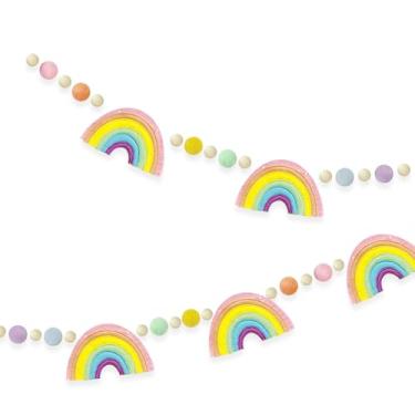 Imagem de Faixa de arco-íris pastel pré-amarrada bola de lã de feltro contas de madeira guirlanda macaron arco-íris guirlanda para mulheres, crianças, meninas, unicórnio, mágica, decoração de festa de