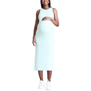 Imagem de Motherhood Maternity Vestido feminino colado ao corpo midi de malha canelada costas nadador sem mangas, Verde ovo de pássaro, G