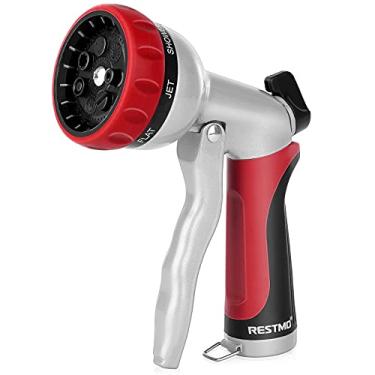 Imagem de RESTMO Bocal de mangueira de jardim, bocal de mangueira de água de metal resistente com 7 padrões de pulverização ajustáveis, pulverizador manual de alta pressão com controle de fluxo, melhor para